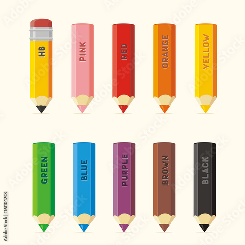 Set isolated colored pencils with color name. Collection colored pencils: hb, pink, red, orange, yellow, green, blue, purple, brown, black.