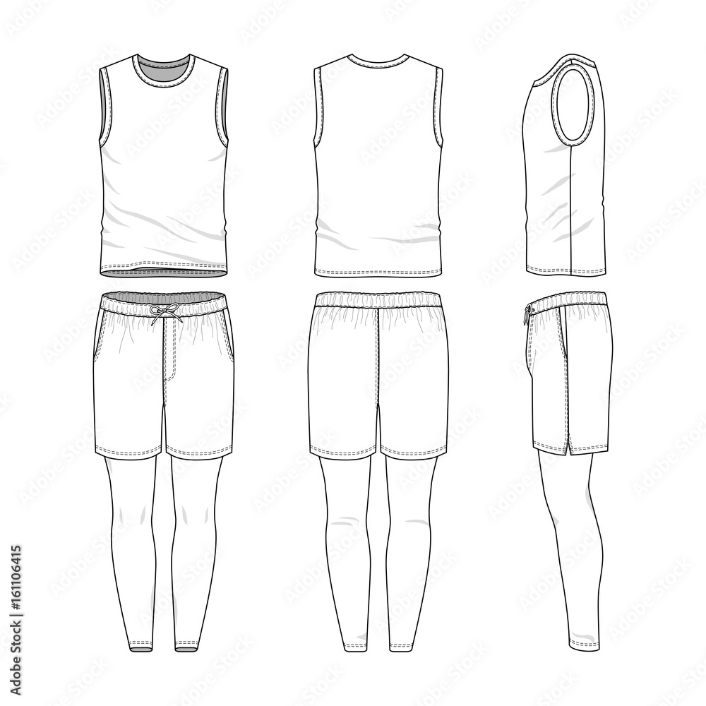 Vector templates of clothing set. Front, back, side views of blank vest,  sports shorts, jogging pants. Sportswear, uniform clothes. Fashion  illustration. Stock Vector | Adobe Stock