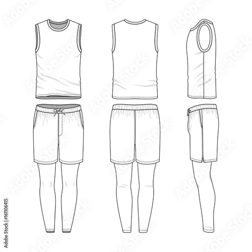 Vector templates of clothing set. Front, back, side views of blank vest, sports shorts, jogging pants. Sportswear, uniform clothes. Fashion illustration.