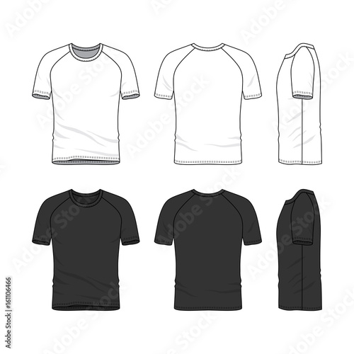 Vector templates of clothing set. Front, back, side views of blank t-shirt. Shirt with raglan sleeves. Sportswear, uniform clothes. White and black colors variations. Fashion illustration.
