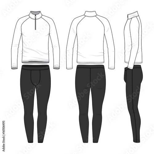 Vector templates of clothing set. Front, back, side views of blank shirt, jogging pants. Shirt with zipper and raglan sleeves. Sportswear, uniform clothes. Fashion illustration.