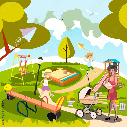 Cartoon mom with kids in the city park.