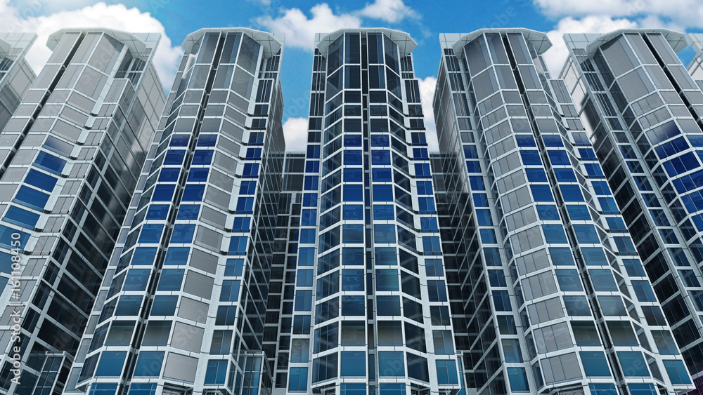 Obraz premium Office building on a background of the blue sky. 3d rendering