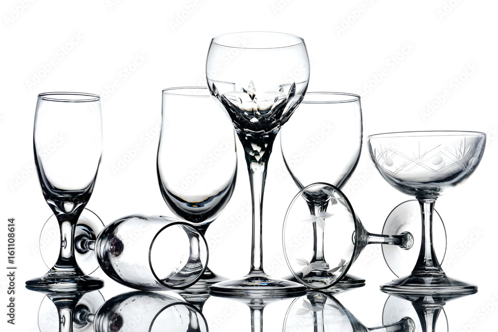 Collage of empty glasses on white background. Collage of empty glasses on white background.