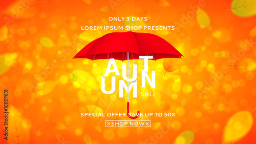 Web banner with red umbrella for autumn sale. Seasonal offer with discounts. Bright orange background with the falling leaves. Vector illustration with paper white letters.