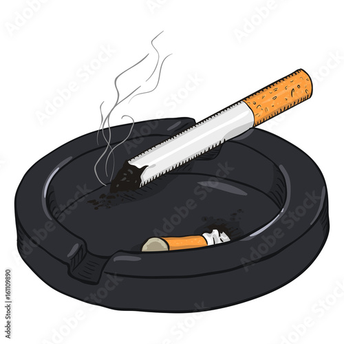 Vector Cartoon Ashtray with a Smoking Cigarette and a Cigarette Butt