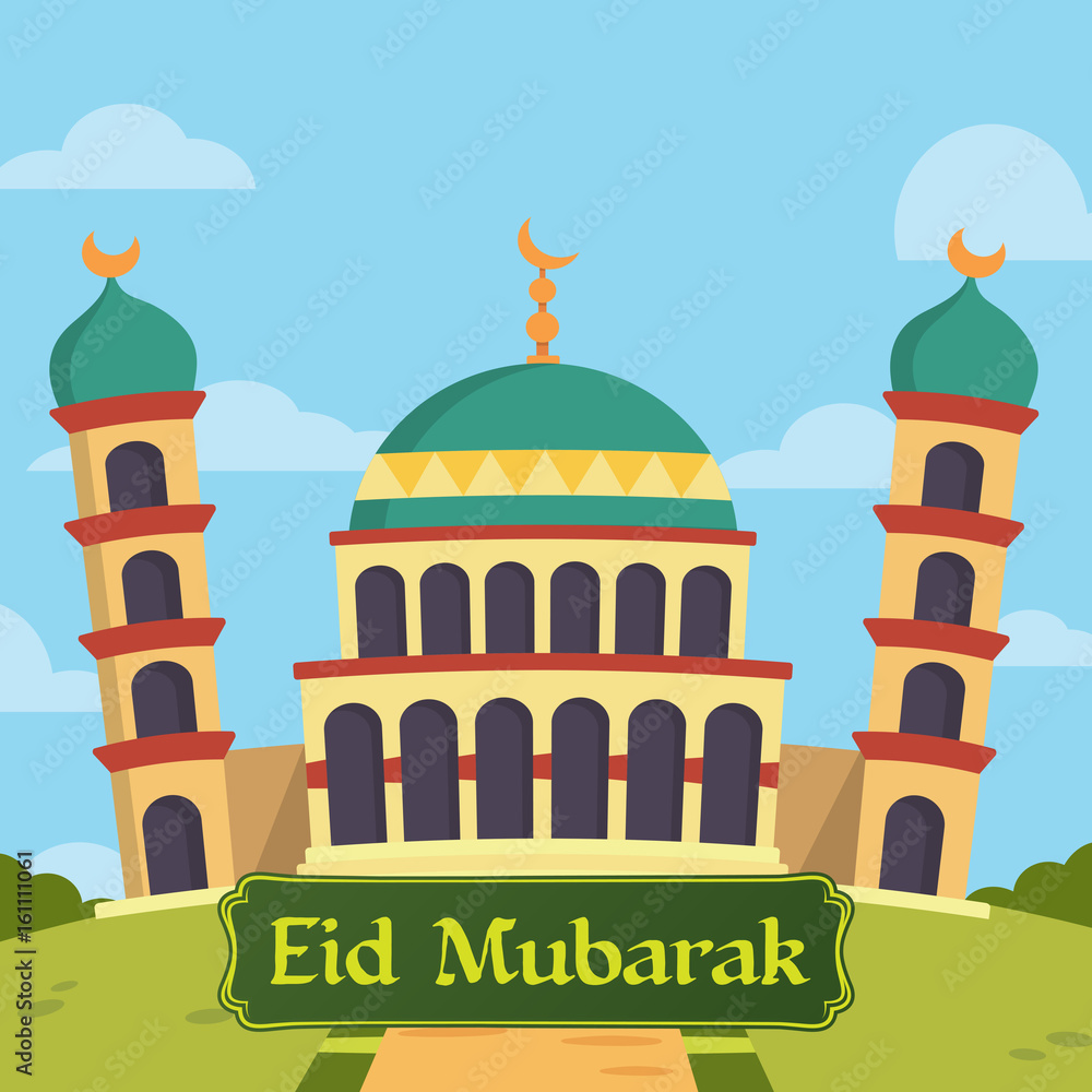Modern Eid Mubarak Islamic Mosque Illustration With Copy Space, Suitable For Web Banner, Social Media, Print, And Other Eid Related Occasion.