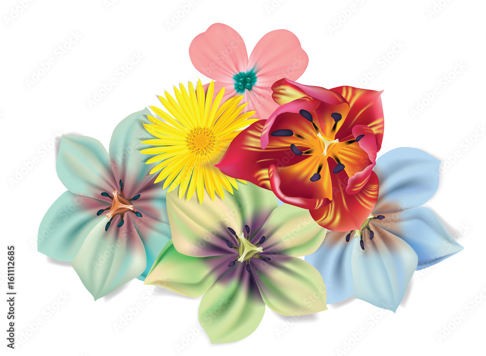 Obraz premium Beautiful bouquet of flowers. Vector summer flowers isolated on white background. Blossom for flower design. Chamomile, tulip, violets