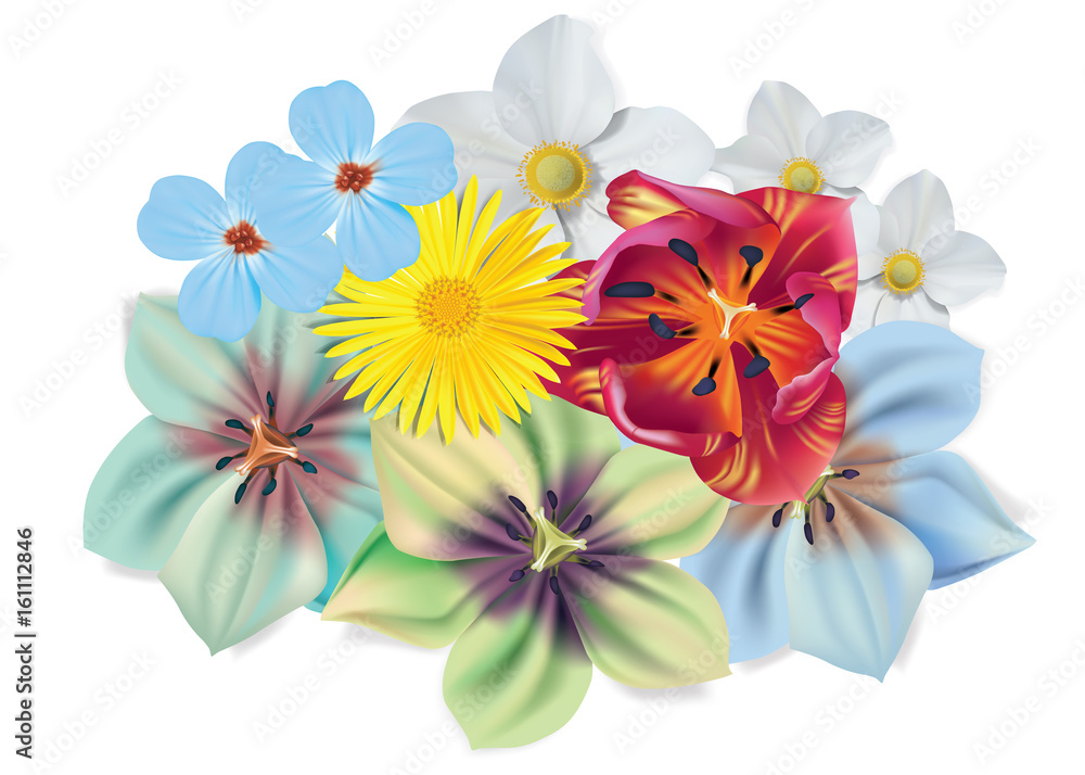 Obraz premium Beautiful bouquet of flowers. Vector summer flowers isolated on white background. Blossom for flower design. Chamomile, tulip, violets