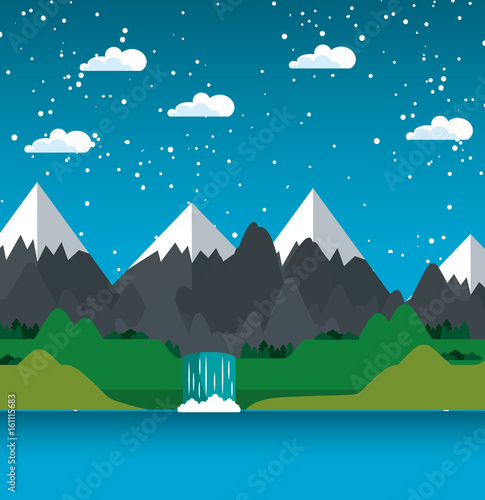 Mountains with snow waterfall and river landscape vector illustration
