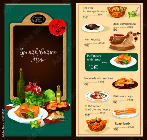 Vector menu template of Spanish cuisine restaurant