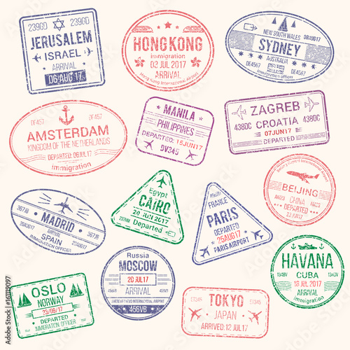 Vector icons of travel city passport stamp
