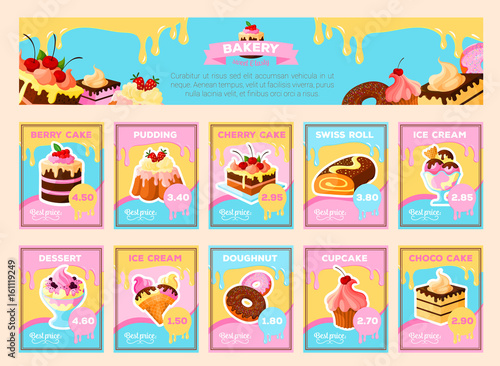 Bakery desserts vector price cards for shop