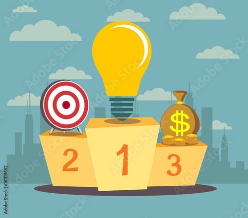 Pedestal with a light bulb in the first place symbolizing the power of the idea. Business assistant. Best podium place for inventions vector illustration