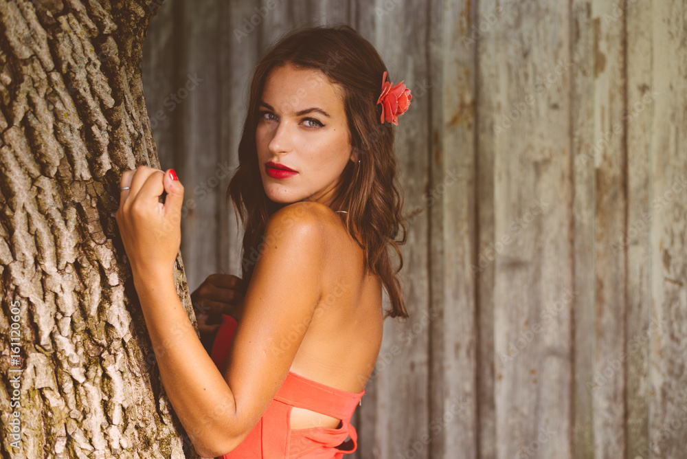 Fototapeta premium Sexy attractive brunette woman fashion model over old barn wood wall background, portrait
