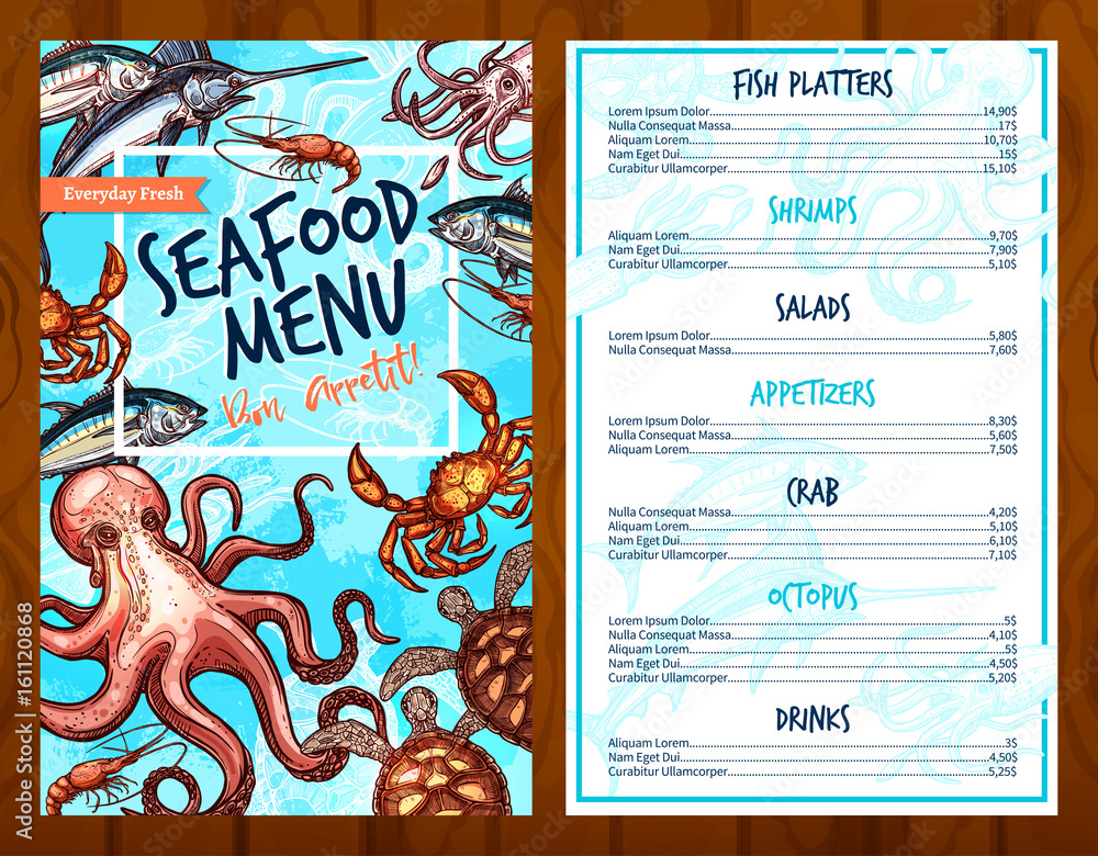 Naklejka premium Vector fresh seafood and fish food restaurant menu