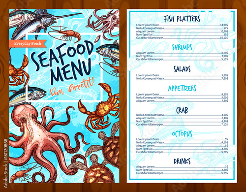 Vector fresh seafood and fish food restaurant menu