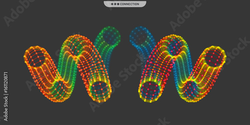 Spiral. 3d vector wireframe object. Illustration with connected lines and dots. Abstract grid design. Connection structure. Technology style.