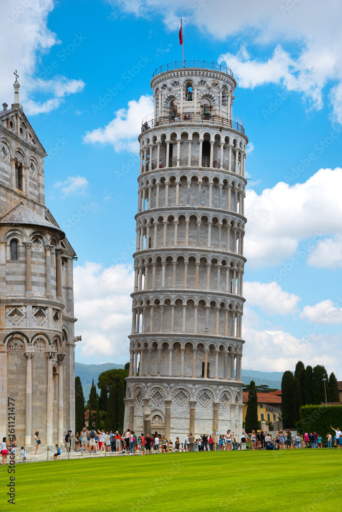 Beautiful landscape with inclined tower in Pisa, Italy, Europe.