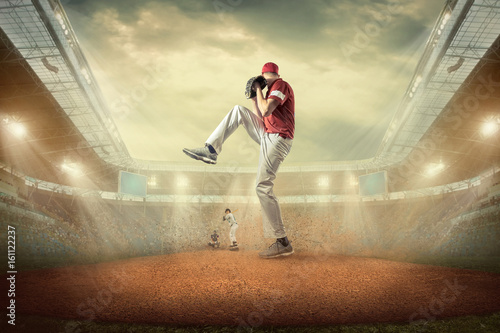 Baseball players in action on the stadium.