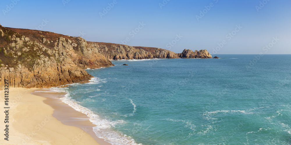 Turquoise sea at Porthcurno Beach in Cornwall, South England