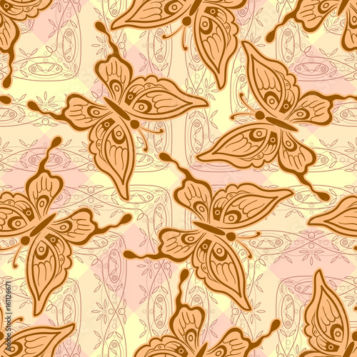 Wallpaper Mural Seamless Background, Symbolical Brown Butterflies and Abstract Tile Pattern. Vector Torontodigital.ca