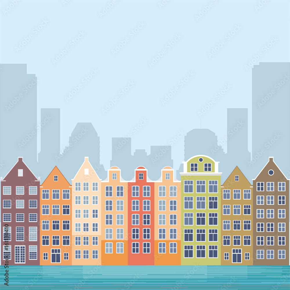 Image of the street of the European city. Old houses on the bank of the channel. Vector illustration.