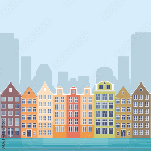 Image of the street of the European city. Old houses on the bank of the channel. Vector illustration.