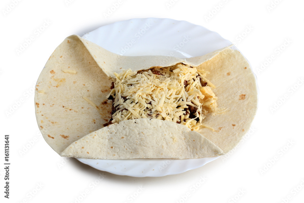 Mexican food burrito on white background