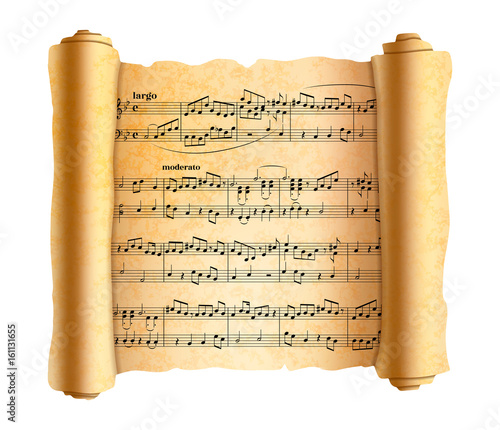 Complicated abstract melody notes on old textured scroll on white