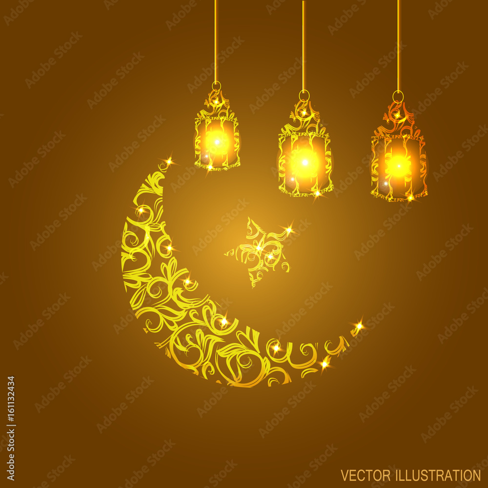 Gold background with moon and lanterns. Shiny illustration for Muslim holy month Ramadan Kareem. Gold background with moon and lanterns. Shiny illustration for Muslim holy month Ramadan Kareem.
