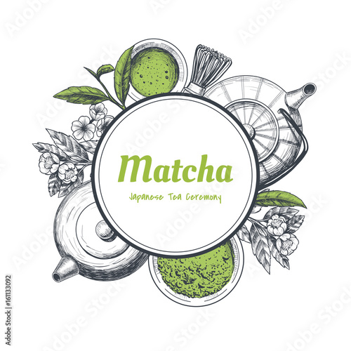 Vector frame with tea. Japanese tea ceremony. Matcha tea. Vintage style