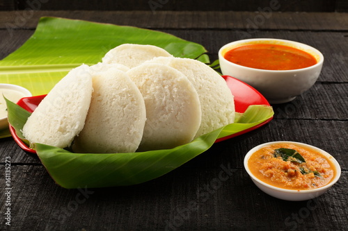Delicious breakfast Soft idli and smabar.