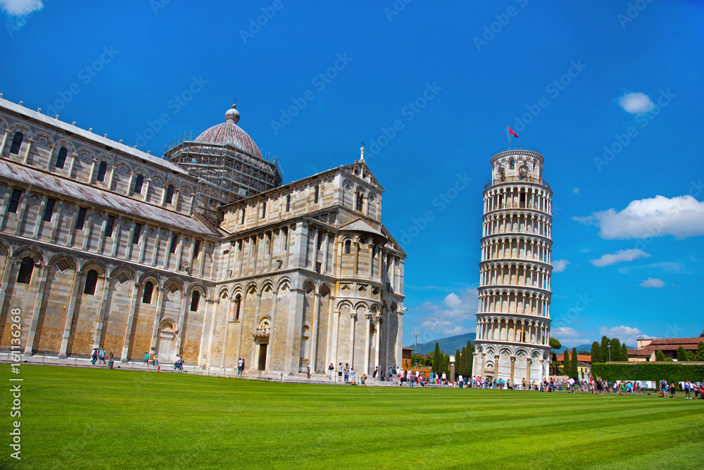 Amazing landscape with famous leaning tower and Piazza del Duomo in Pisa, Italy, Europe
