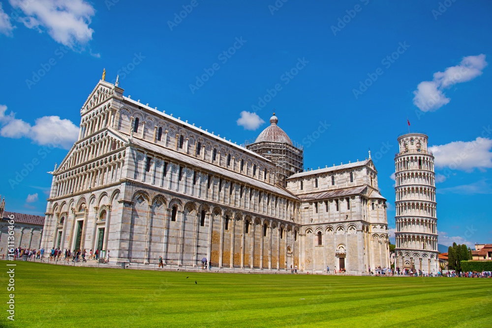 Amazing landscape with famous leaning tower and Piazza dei Miracoli complex (Piazza del Duomo) in Pisa, Italy, Europe