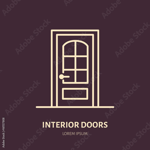 Doors installation logo, repair flat line icon. Interior design thin linear sign for house decor shop, handyman service.