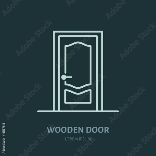 Wooden doors installation logo, repair flat line icon. Interior design thin linear sign for house decor shop, handyman service.