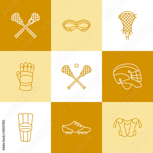 Lacrosse sport game vector line icons. Ball, stick, helmet, gloves, girls goggles. Linear signs set, championship pictograms with editable stroke for event, equipment store.