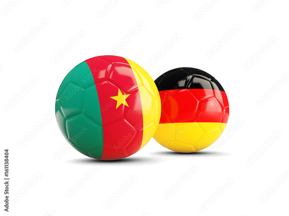 Two footballs with flags of Cameroon and Germany isolated on white