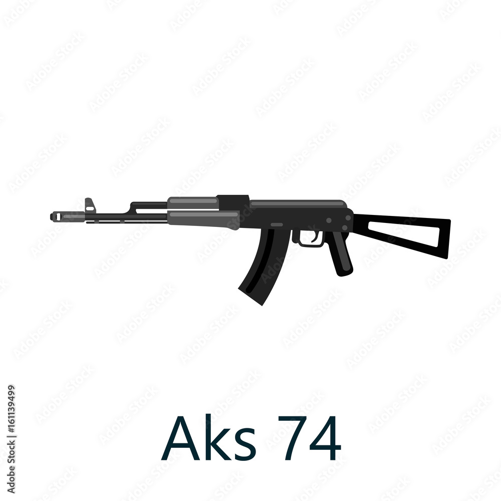 Assault automatic black rifle AK74, military gun on white background isolated vector illustration, weapon with bullets for protection shoting or war Assault automatic black rifle AK74, military gun on white background isolated vector illustration, weapon with bullets for protection shoting or war