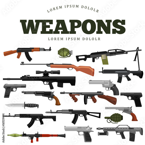 military gun set, automatic and hand weapon in magazine barrel with bullets for protection shoting or war collection, handgun for hunting equipment, ammunition background vector illustration