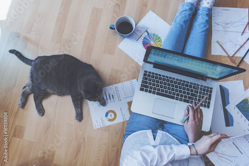 Relaxing work from home: girl on a floor working assisted by her cat