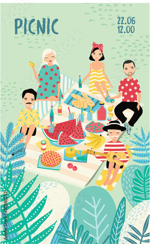 Vertical advertising poster on a picnic theme. Illustration with young trendy people, friends, relax outdoors. Bright placard in cartoon style with place for text. Colorful vector, recreation scene.
