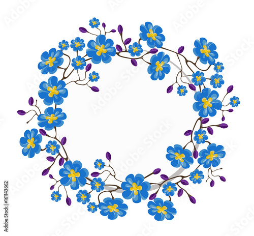 Blue flowers crown for birthday, invitations, wedding, events, festival. Spring summer floral background. Vector illustration