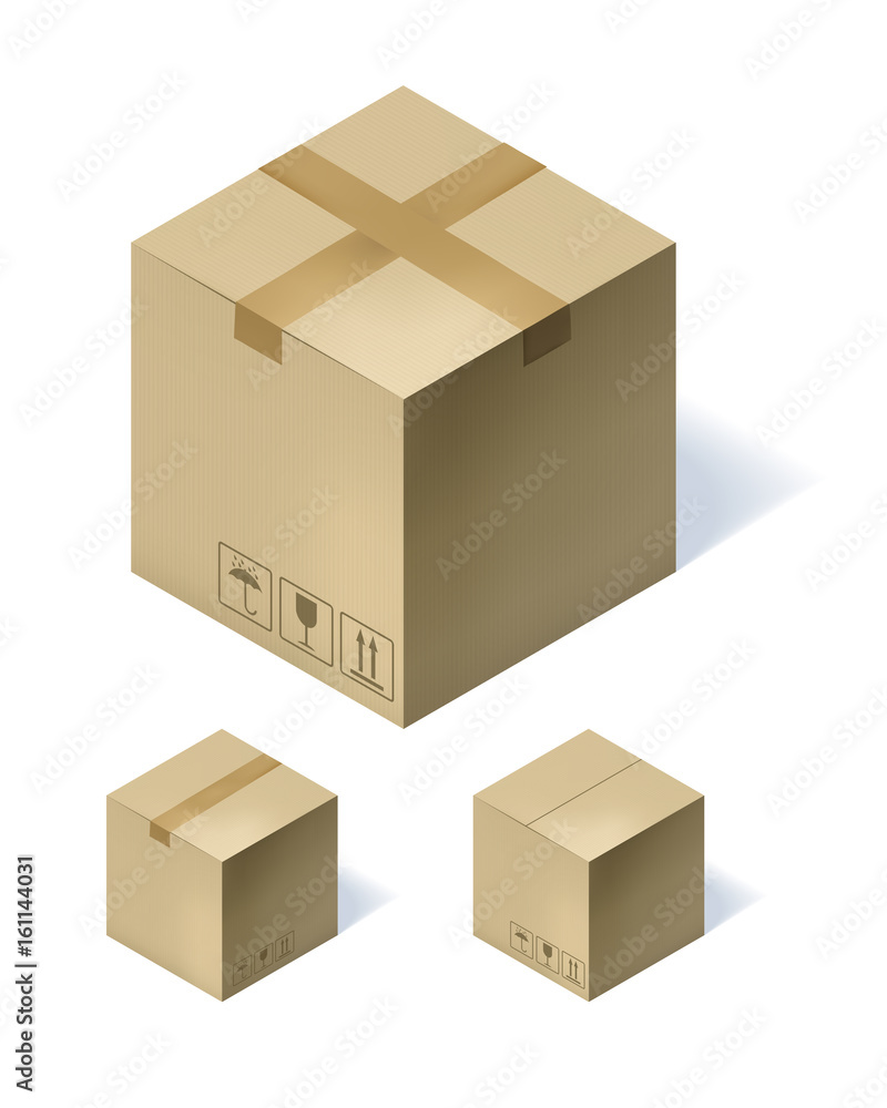 Set of three isometric cardboard boxes isolated on white background. Vector illustration Set of three isometric cardboard boxes isolated on white background. Vector illustration