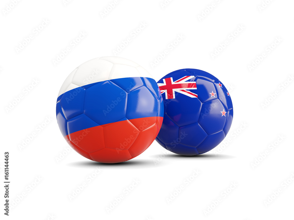 Two footballs with flags of Russia and New Zealand isolated on white Two footballs with flags of Russia and New Zealand isolated on white