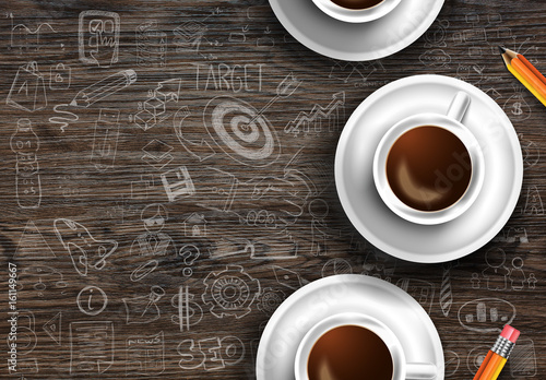 Infograph background template with a fresh coffee on real wooden table