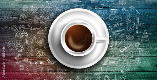 Infograph background template with a fresh coffee on real wooden table