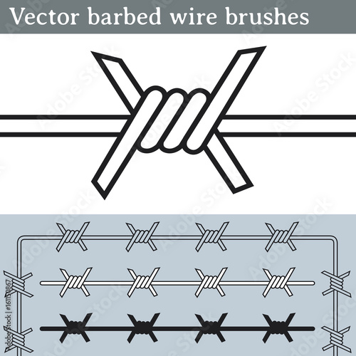 Vector barbed wire brushes. Brushes for Illustrator to draw barbed wire. Three different versions: unfilled, with white fill and in silhouette. 