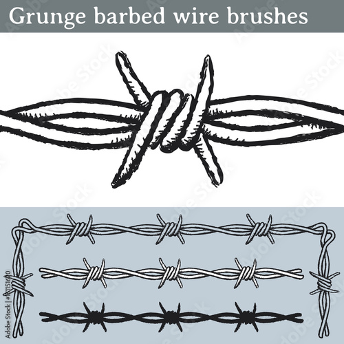Grunge barbed wire brushes. Brushes for Illustrator to draw barbed wire with a grunge look. Three different versions: unfilled, with white fill and in silhouette.